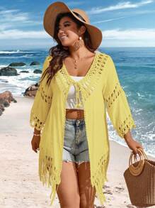 SHEIN VCAY Plus Size Women's Solid Color Simple Daily Kimono With Tassel Decoration Summer