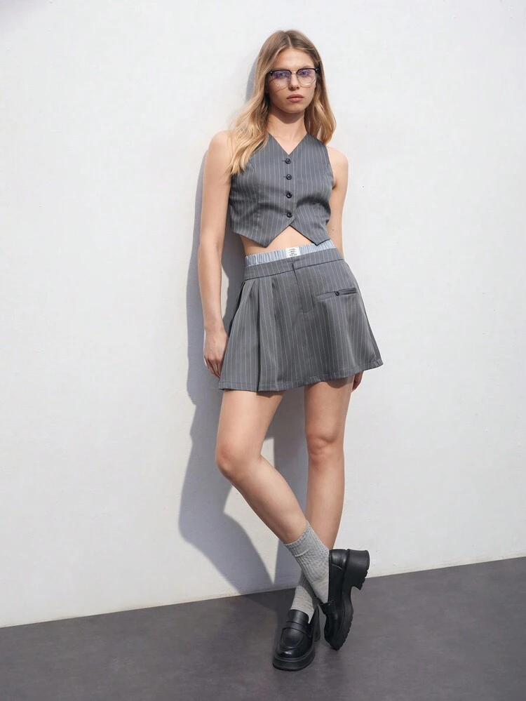 SHEIN Maija Sommerliches, gestreiftes ärmelloses Crop Shirt für Damen mit Knopfleiste