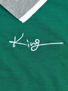 SHEIN 绿色拼布“Young Boy”刺绣 Polo 衫，春夏季短袖休闲装 - 綠色 - 查看 4