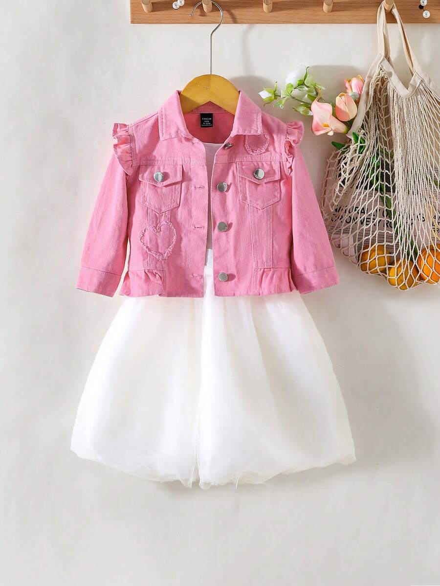 Baby Girl Pink Cute Heart-Shaped Embroidered Denim Jacket With Ruffle Hem - Pink - View 1