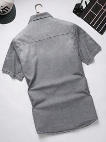 Manfinity Homme Men Cotton Ripped Frayed Dual Pocket Button Up Grey Denim Shirt Without Tee, Going Out Going Out Hang Out Commute Vacation Street