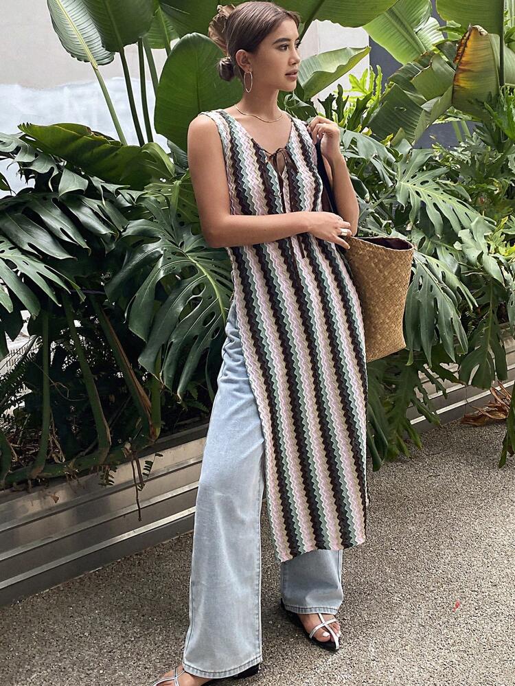 Women's Color-Blocked Striped Side Slit Long Vest For Holiday And Leisure Cruise Women Outfits Sundress Vacation Outfits Women Maxi Dress Boho
