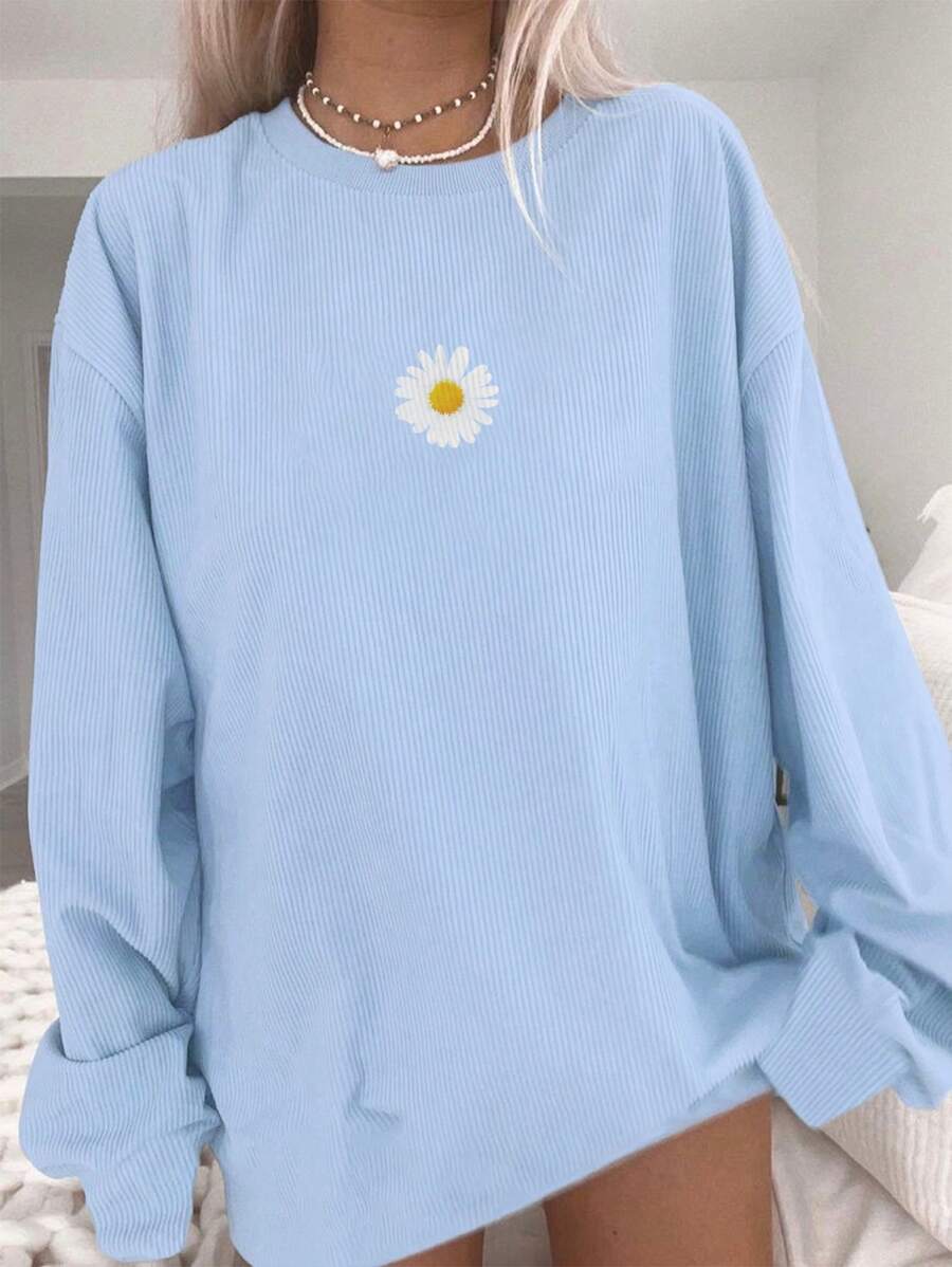 INAWLY Nữ Xuân/Hè Họa Tiết Hoa Cúc Cổ Tròn Form Rộng Rớt Vai Dài Tay Áo Thun Thông Thường - Màu xanh lam - Xem 1