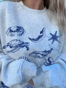 SHEIN EZwear 女士休闲海洋生物图案印花宽松圆领长袖运动衫，秋冬款，长袖上衣 - 淺灰色 - 查看 3