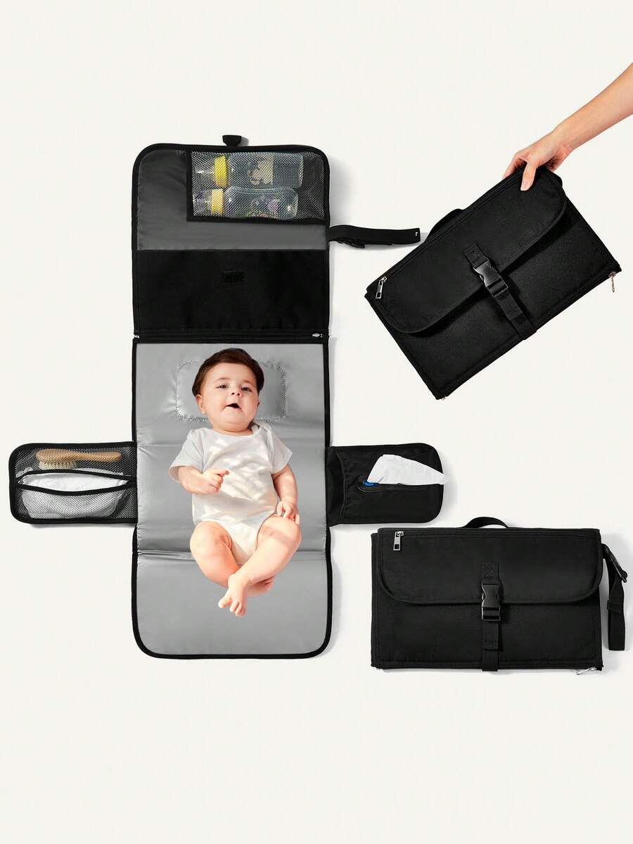 1pc Portable Baby Waterproof Changing Pad With Diaper Pouch, Can Be Attached To Stroller - Black - View 1