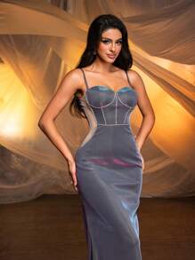 Glamrae Elegant Gradient Knitted Slim Strap Bra Cup With Rhinestone Decoration Side Cutouts Sexy See-Through Sheer Fabric High-Waist Cinched Mermaid Dress With Long Train, Perfect For Graduation Season, Wedding Season, Vacation, Singles Party And Evening Events