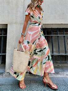 Flirla Plus Size Color Block Printed V-Neck Wrap Cross Hem Ruffle Short Sleeve Dress With Waist Belt, Summer - Multicolor - View 1