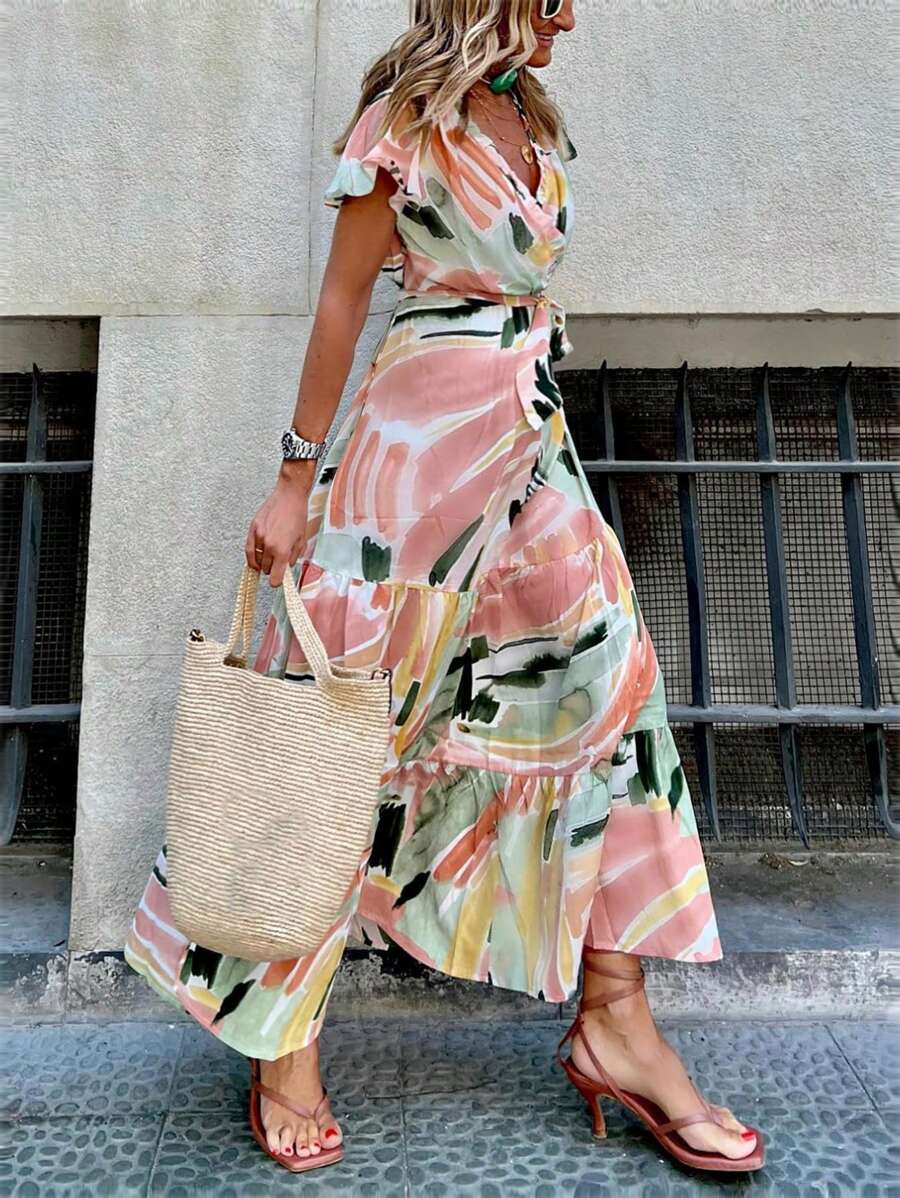Flirla Plus Size Color Block Printed V-Neck Wrap Cross Hem Ruffle Short Sleeve Dress With Waist Belt, Summer - Multicolor - View 1