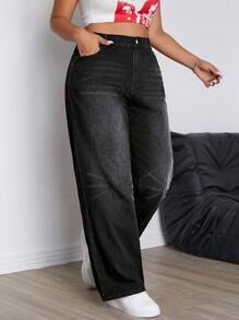SHEIN EZwear Jeans de novio rectos informales con botones y bolsillos, de unicolor, para tallas grandes