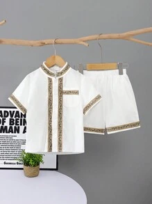SHEIN Lässiges Kurzes Hemd Mit Stehkragen Und Shorts Für Kleine Jungen, 2 Stück/set