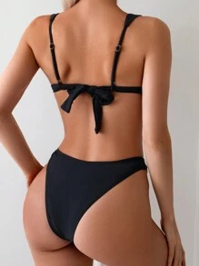 Women's Summer Solid Color Sexy Bikini Set For Beach And Swimming - Black - View 2