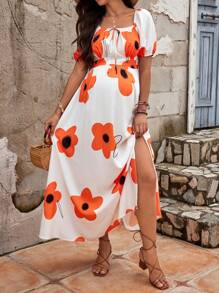 SHEIN Maternity Off-Shoulder Floral Printed Dress - Apricot - View 1