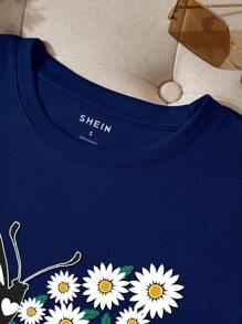 SHEIN LUNE Camiseta de Mujer de Manga Corta con Estampado de Mariposas y Flores, Verano - Azul Marino - Ver 5