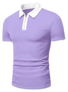 Manfinity Homme Nam Mùa Hè Khối Màu Dây Kéo Nửa Túi Tay Ngắn Thường Ngày & Đi Lại Áo Polo - Màu tím - Xem 4