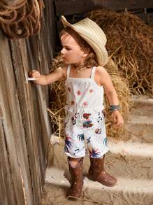 Baby Girl Casual Embroidered Floral Camisole Top With Vacation Style Shorts Set