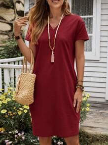 EMERY ROSE 夏季V領舒適寬鬆短袖連衣裙 - 酒紅色 - 查看 5