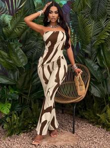 BamGleam 圖形印花不對稱下擺無肩帶上衣和喇叭褲 (隨機花型) - 棕色 - 查看 1