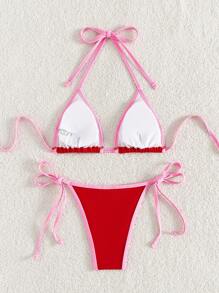 Swim Mod Conjunto de bikini 2023 para mujer con bloqueo de color, cuello halter y lazo, sexy para verano - Rojo - Ver 2