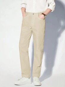 AKNOTIC Business Casual Quần dệt ống suông màu trơn đơn giản và thời trang cho nam - Màu be - Xem 4