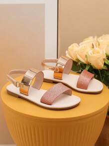 Girls Glitter Hook-and-loop Fastener Flat Sandals, Glamorous Summer Slingback Sandals