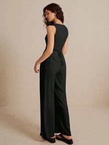 Poéselle 夏季亞麻西裝馬甲兩件套女士時尚純色扣子對比色無袖上裝和褲子套裝，穿起來舒適透氣，適合通勤日常假期穿著的柔軟服裝面料 - 黑色 - 查看 2