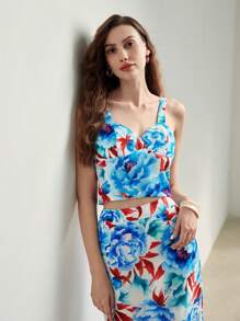 MOTF PREMIUM FLORAL PRINT SHIRRED BACK BUSTIER CAMI TOP