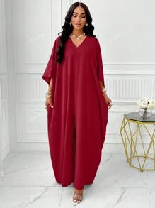 BIUBIU Plus Size V Neck Batwing Sleeve Split Thigh Dress