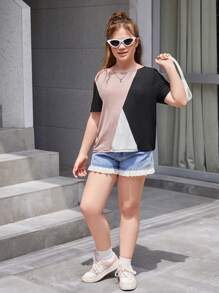 SHEIN Tween Girls Extended Size Casual Round Neck Color Block Short Sleeve T-Shirt - Multicolor - View 5
