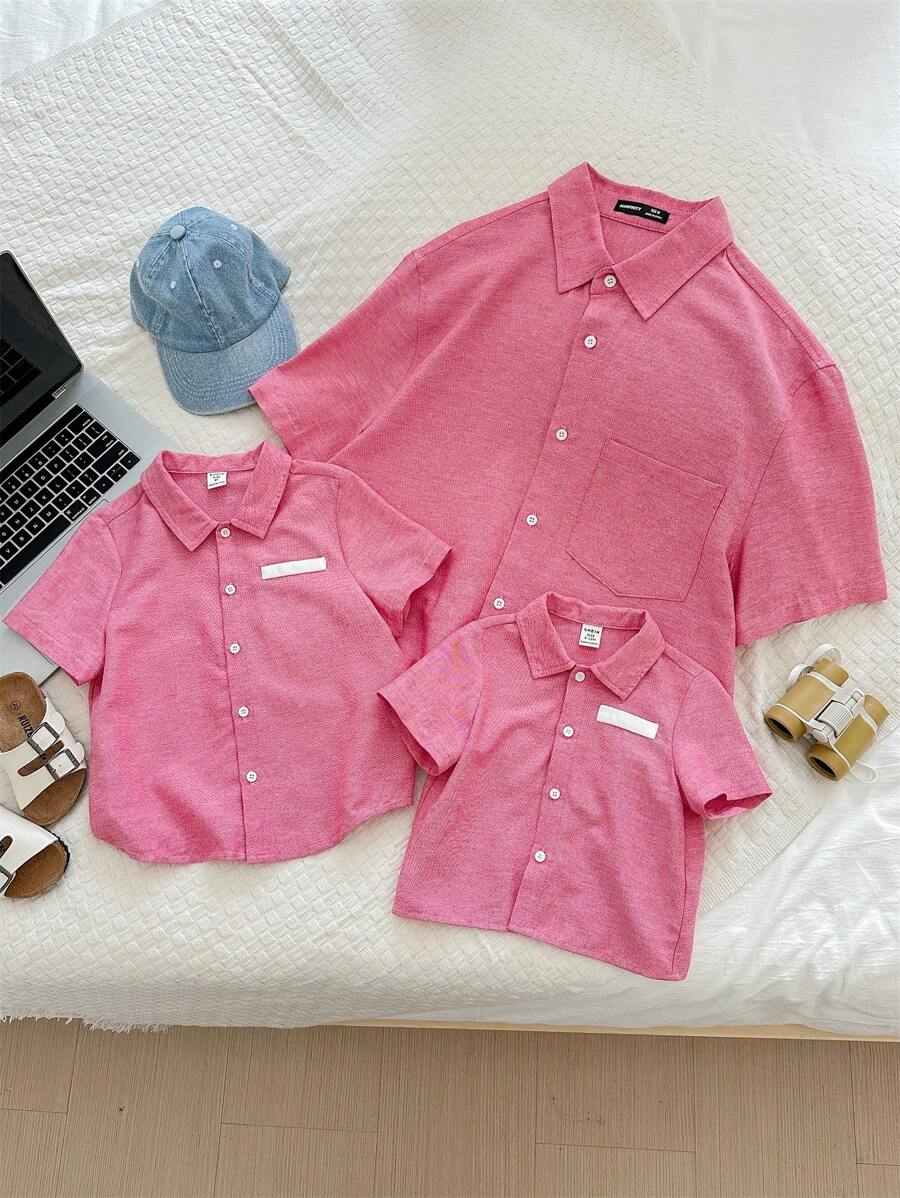 Manfinity Homme Men's Woven Solid Color Short Sleeve Regular Fit Casual Shirt, Suitable For Spring And Summer, Daily Wear - Pink - View 1