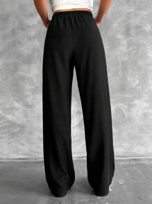 SHEIN Tall Tall Size Solid Elastic Waist Straight Leg Pants - Black - View 2