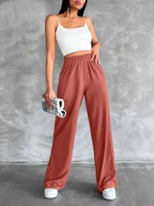 SHEIN Tall Tall Size Solid Elastic Waist Straight Leg Pants - Dusty Pink - View 3
