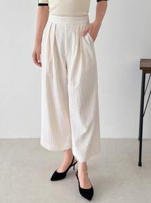 FRIFUL Women's Solid Color Pleated Loose Wide Leg Casual Long Pants With Pockets - Beige - View 8