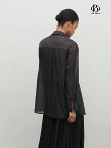BizChic Damen Schwarzes durchsichtiges Hemd mit Kragen, mittellanges weites Hemd