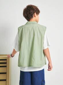 SHEIN 兒童小孩休閒韓風领立領袖口袋拉鍊寬鬆工裝編織背心外套（有吊牌），適用於日常穿著、度假、運動和各個季節 - 綠色 - 查看 3