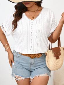 SHEIN Frenchy Spring/Summer Casual Texture V-Neck Lace-Up Plus Size T-Shirt