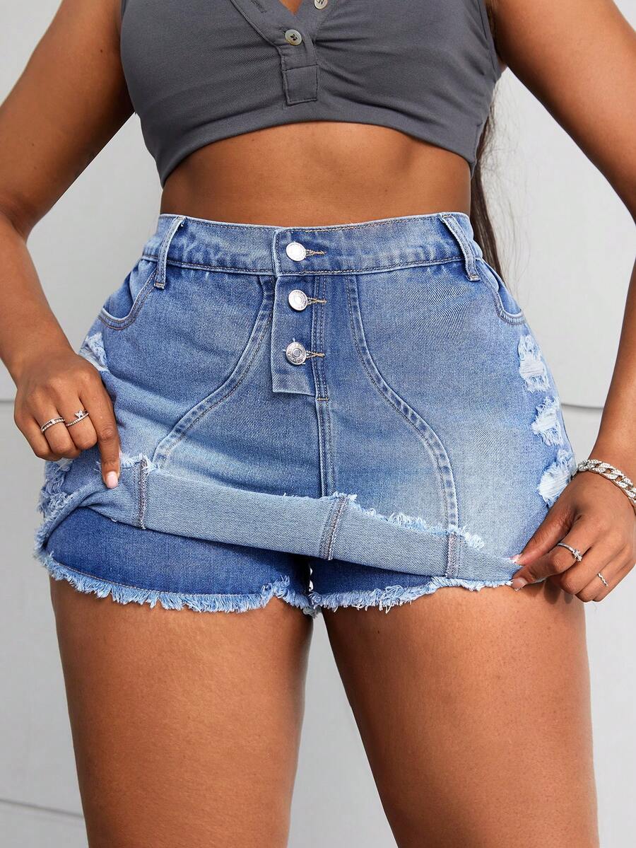 SHEIN SXY Plus Size Denim Skirt With Frayed Hem And Shorts Inside - Medium Wash - View 1