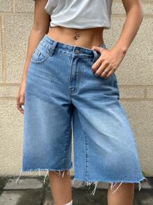 SHEIN EZwear 女士休閒時尚磨邊寬腿牛仔短褲，夏季款 - 藍色 - 查看 6