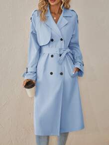 SHEIN Clasi Ladies' Double-Breasted Casual Long-Sleeved Trench Coat In Fall/Winter - Baby Blue - View 4