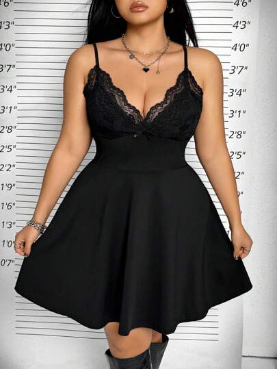 SHEIN ICON Plus Size Spaghetti Strap V-Neck Lace Patchwork Dress, For Summer