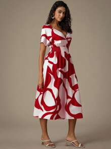 Aveloria Modichic 隨機印花假期風格V領束腰無後背優雅連衣裙 - 紅色 - 查看 5