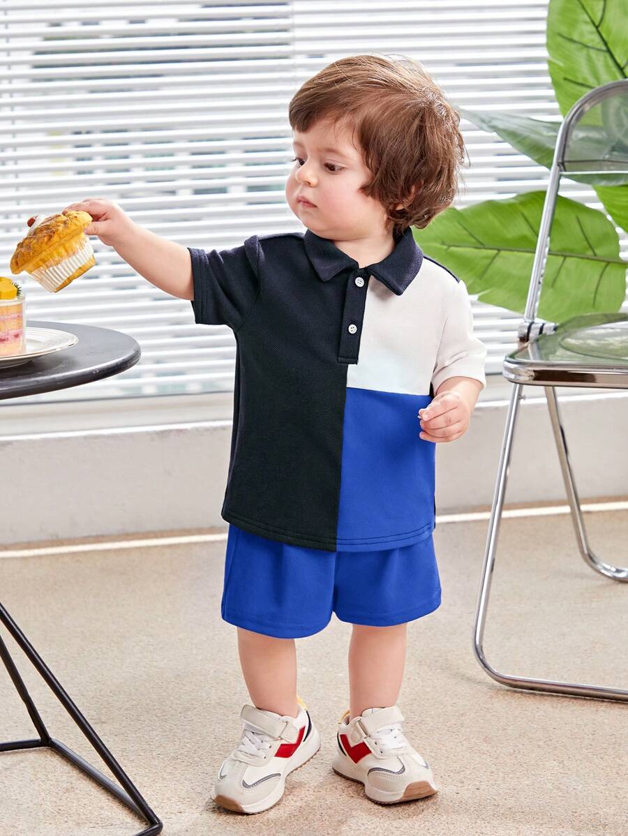 SHEIN Baby Boy's Color Block Polo Collar Short Sleeve Half-Zip Top And Solid Shorts Set - Blue - View 1