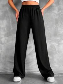 SHEIN Tall Tall Size Solid Elastic Waist Straight Leg Pants - Black - View 4