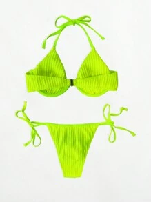 SHEIN Swim Solides Damen Zweiteiliges Bikini-Set mit Halfterneckholder und Bindeverschluss für Sommer Strand