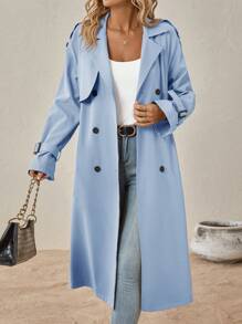 SHEIN Clasi Ladies' Double-Breasted Casual Long-Sleeved Trench Coat In Fall/Winter - Baby Blue - View 7