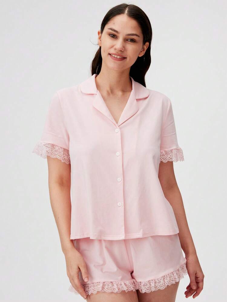 Wedding Essential Elegant Lace With Button Up Short Women Bridesmaid Pink Airy Pajama Set Lounge Sets For Women Lingerie Bridal Intimates Boxer Set,Spring And Summer Wedding Items