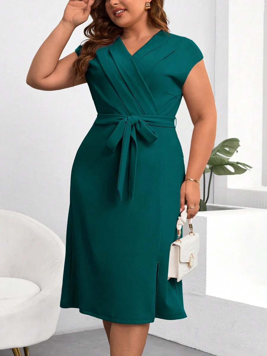 SHEIN Clasi Plus Size Women's Solid Color Simple Daily Short Sleeve Dress - Dark Green - View 1