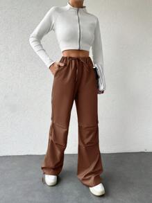 EURMUSE Drawstring Waist Slant Pocket Parachute Pants - Brown - View 4