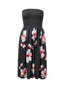 Women's Floral Print Patchwork Strapless Tube Dress, Summer Beach Cover-Up - Black - View 4