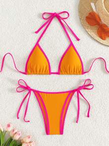 Swim Mod Set Bikini Halter Neck dengan Trim Kontras untuk Liburan dan Acara Santai di Pantai Musim Panas - Jeruk - View 1