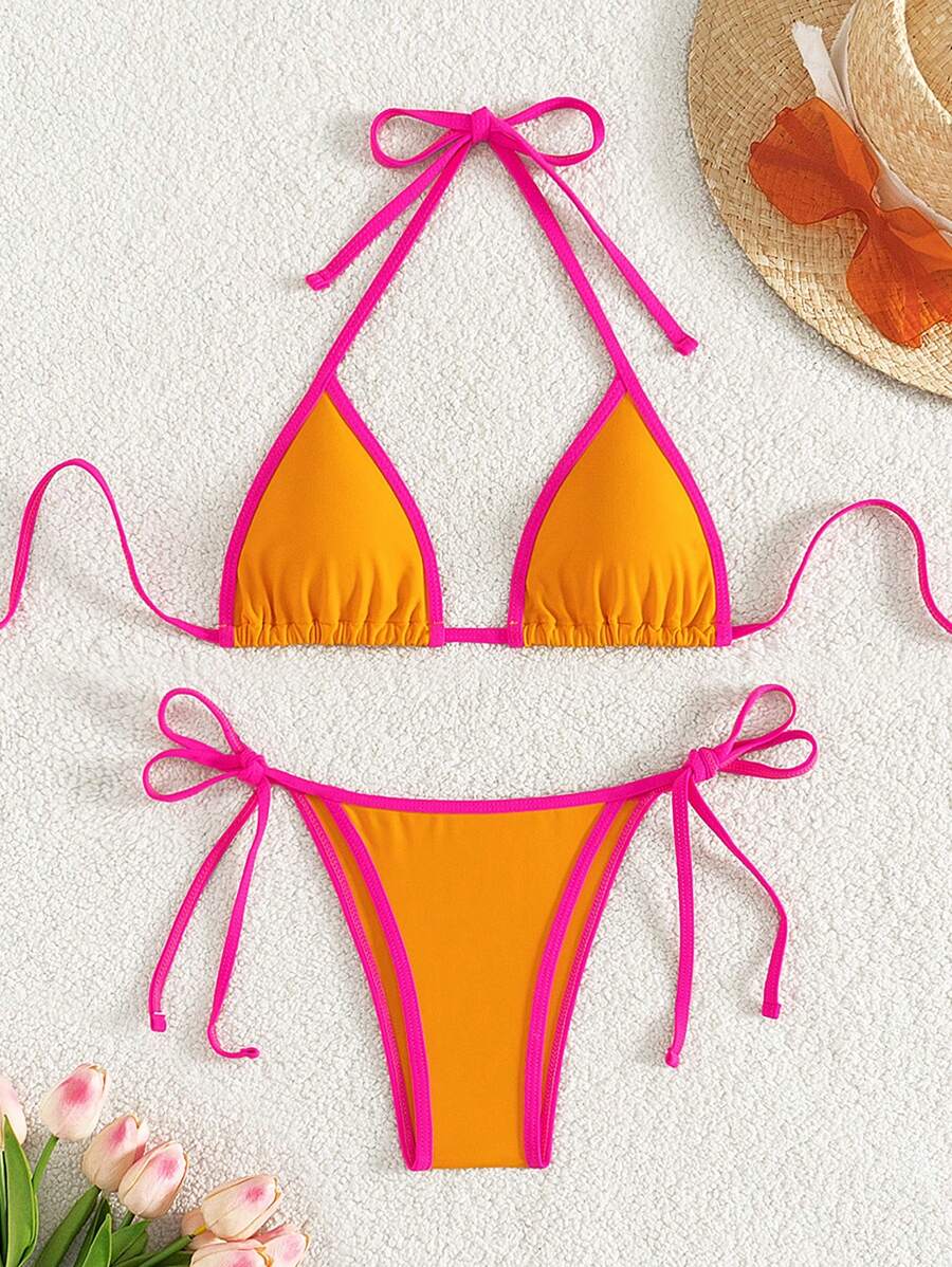 Swim Mod Set Bikini Halter Neck dengan Trim Kontras untuk Liburan dan Acara Santai di Pantai Musim Panas - Jeruk - View 1